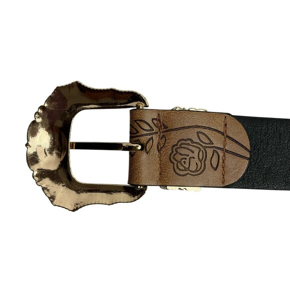 Western Floral-Embossed Leather Belt With Ornate Gold Buckle NWOT main image 7
